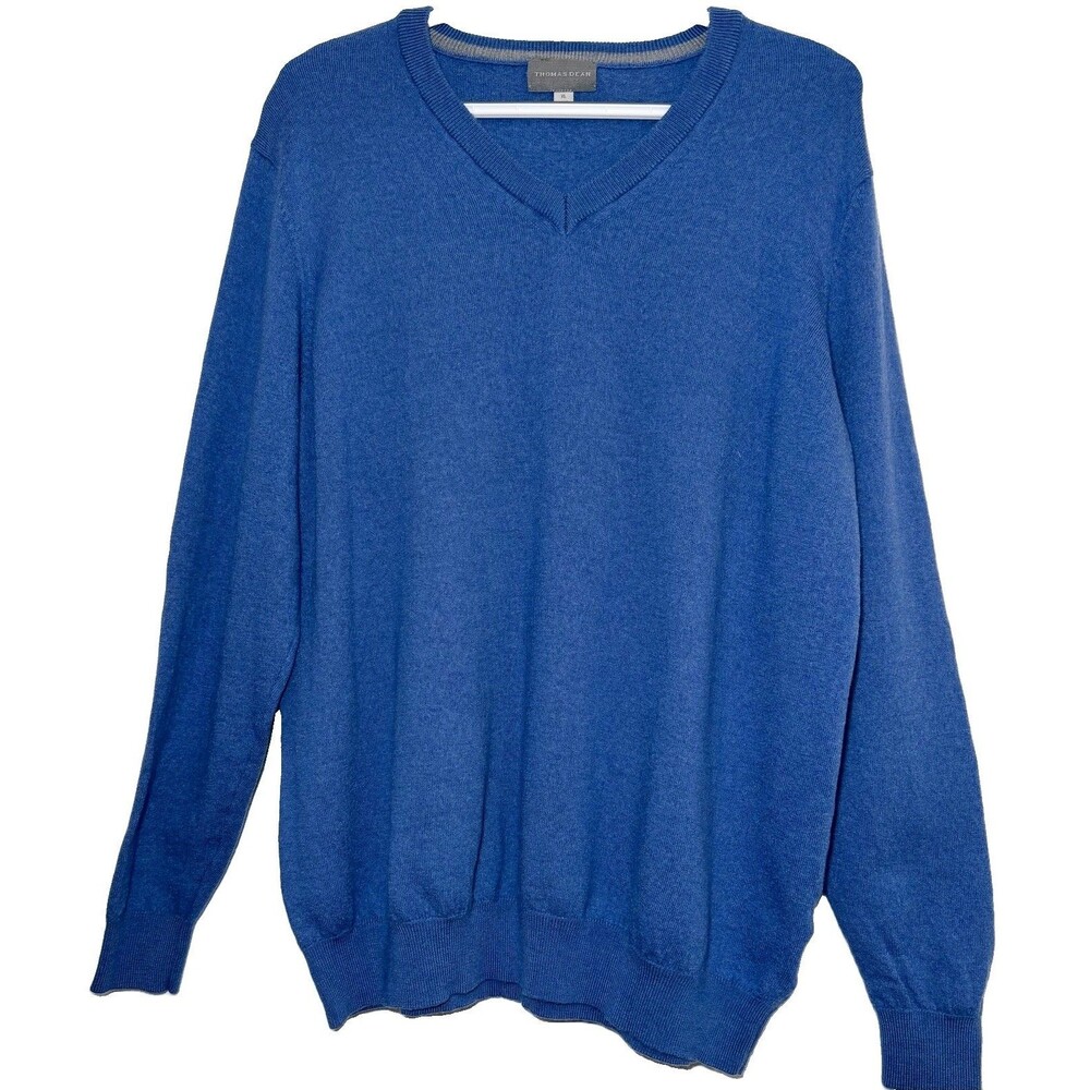 Thomas Dean Men’s XL Blue 100% Extra Fine Merino Wool V Neck Sweater